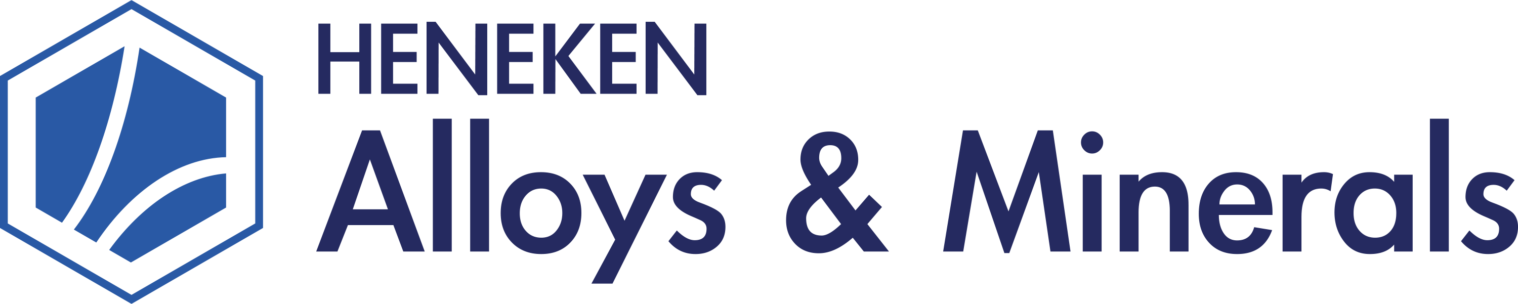 Logo spoločnosti Heneken Alloys & Minerals s modrou šesťuholníkovou ikonou a modrým textom názvu spoločnosti.