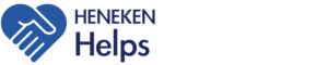 Modré logo dvoch podávajúcich sa rúk v tvare srdca, s textom "HENEKEN Helps" napísaným tučným modrým písmom na bielom pozadí.
